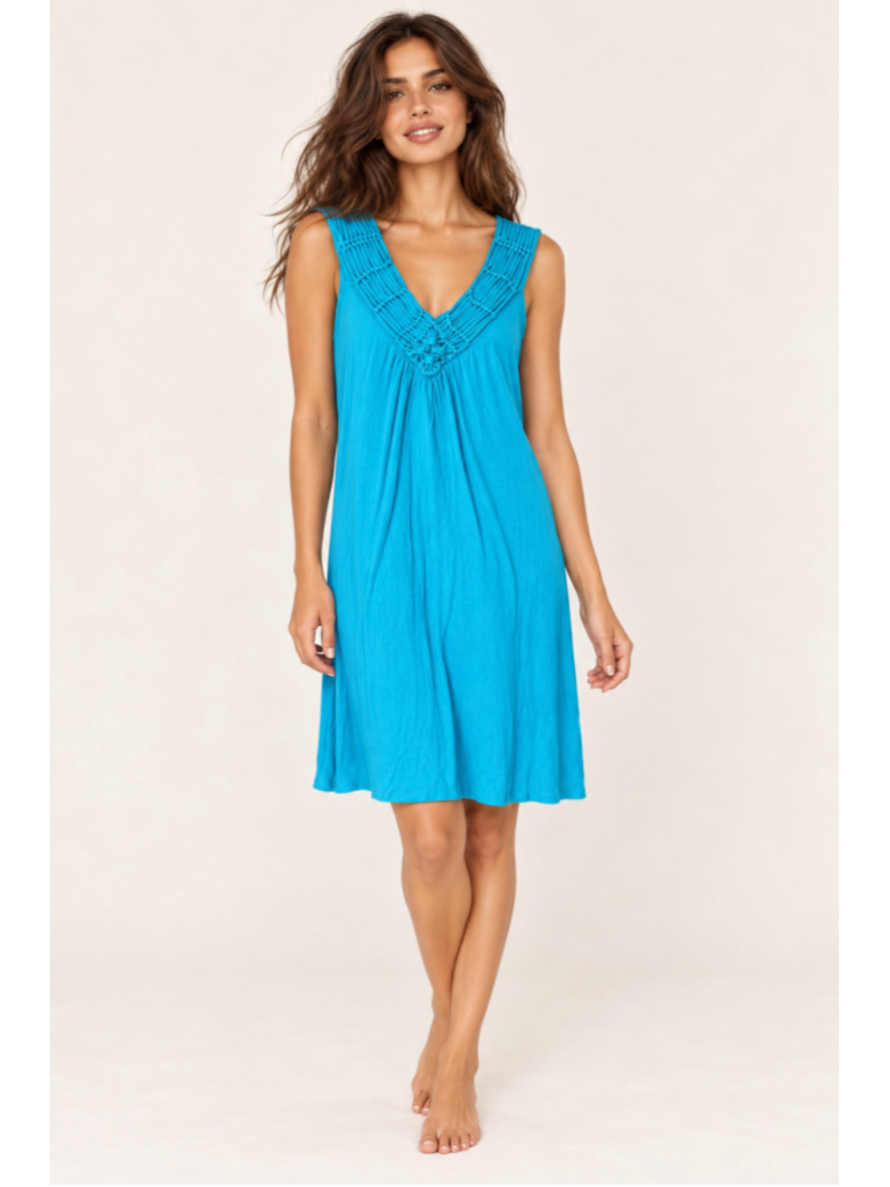 Spense Knee Length Swing Dress Turquoise Macramed Neckline Boho Resort Coastal